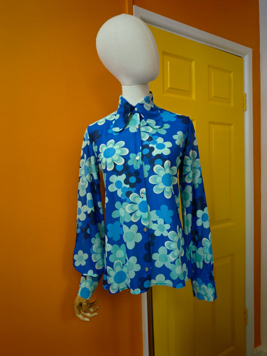 1970s blue flower power shirt - S