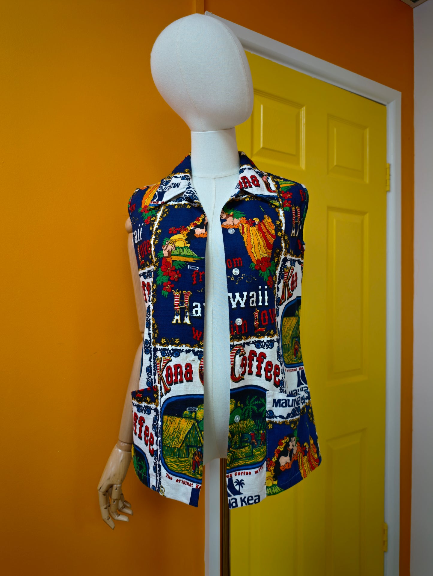 1970s Hawaiian 'Kona Coffee' novelty print top - S