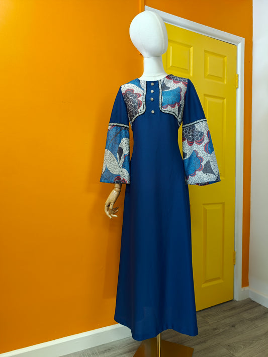 60s/70s blue & silver lurex maxi dress - M/12