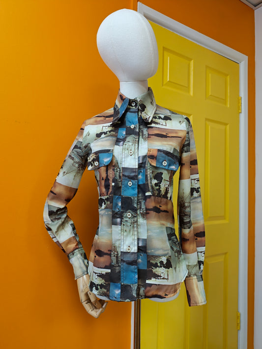 1970s photo print dagger collar shirt - XS