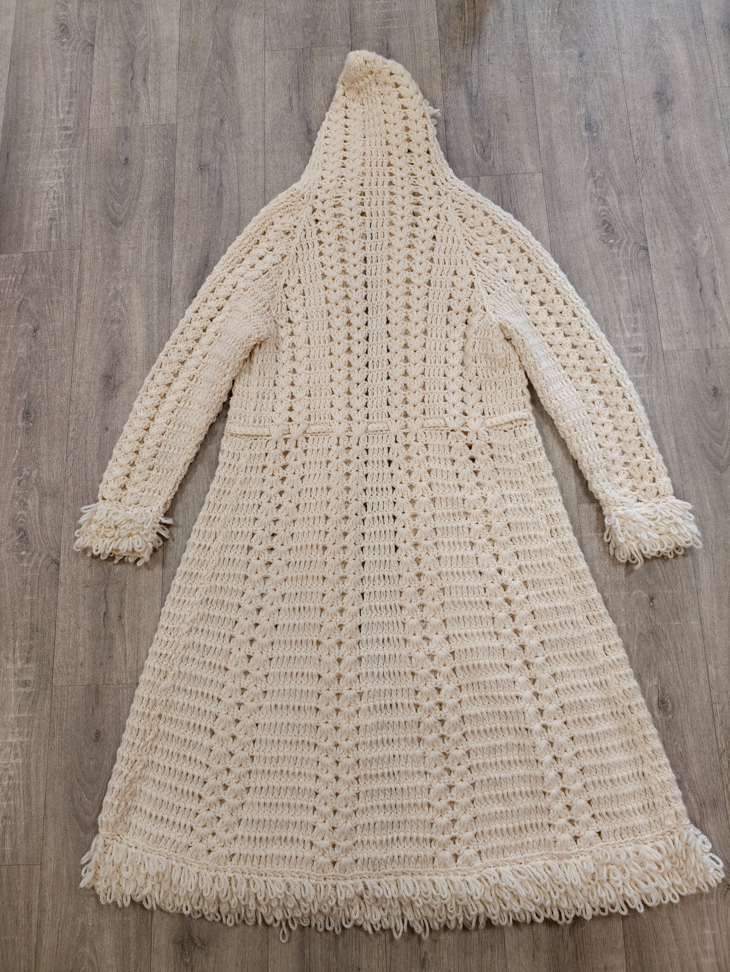 1970s crochet loop stitch hooded long cardigan