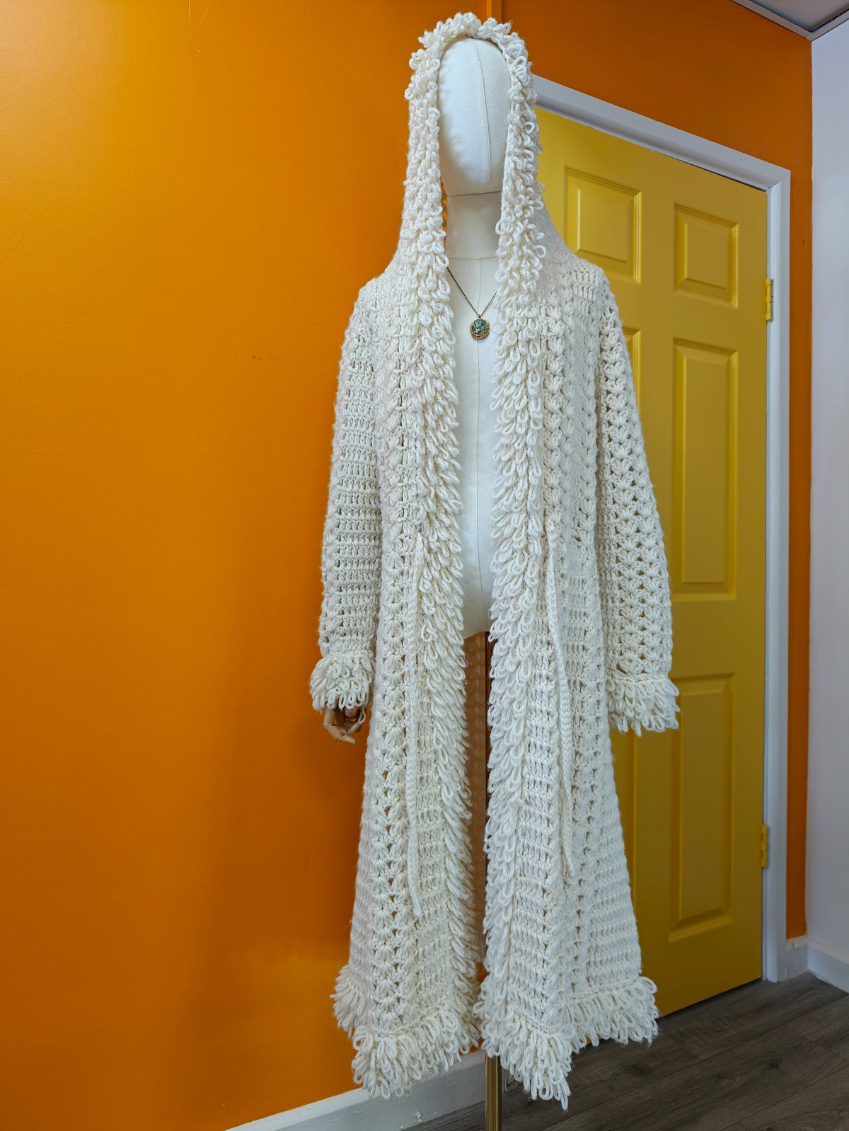 1970s crochet loop stitch hooded long cardigan
