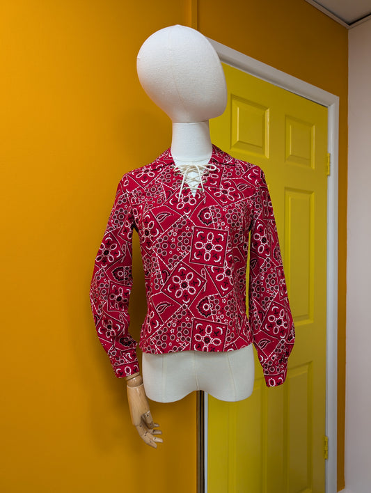 1950s Carol Brent red lace up bandana print top - XS