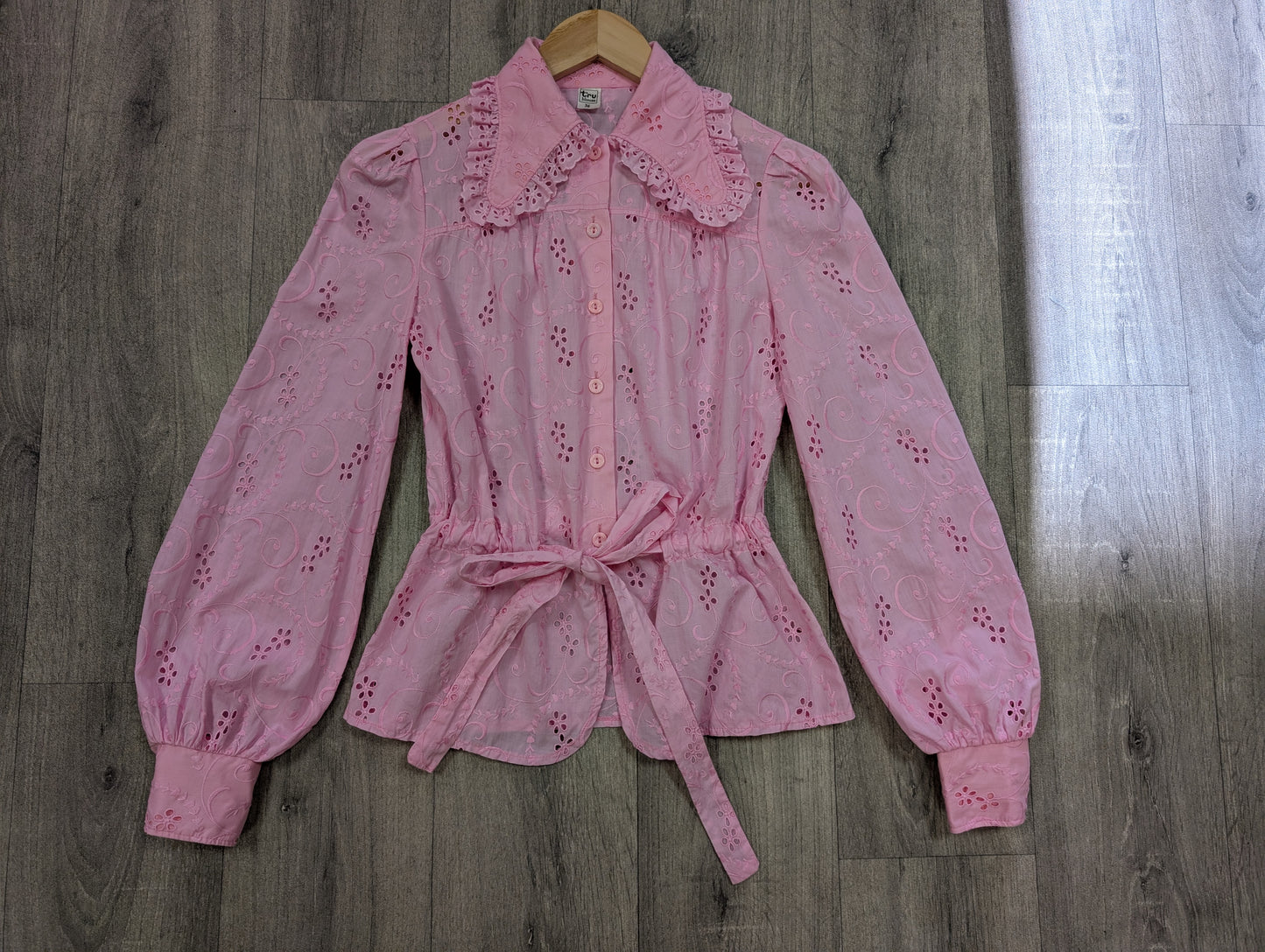 1970s pink broderie anglaise cotton blouse - XS