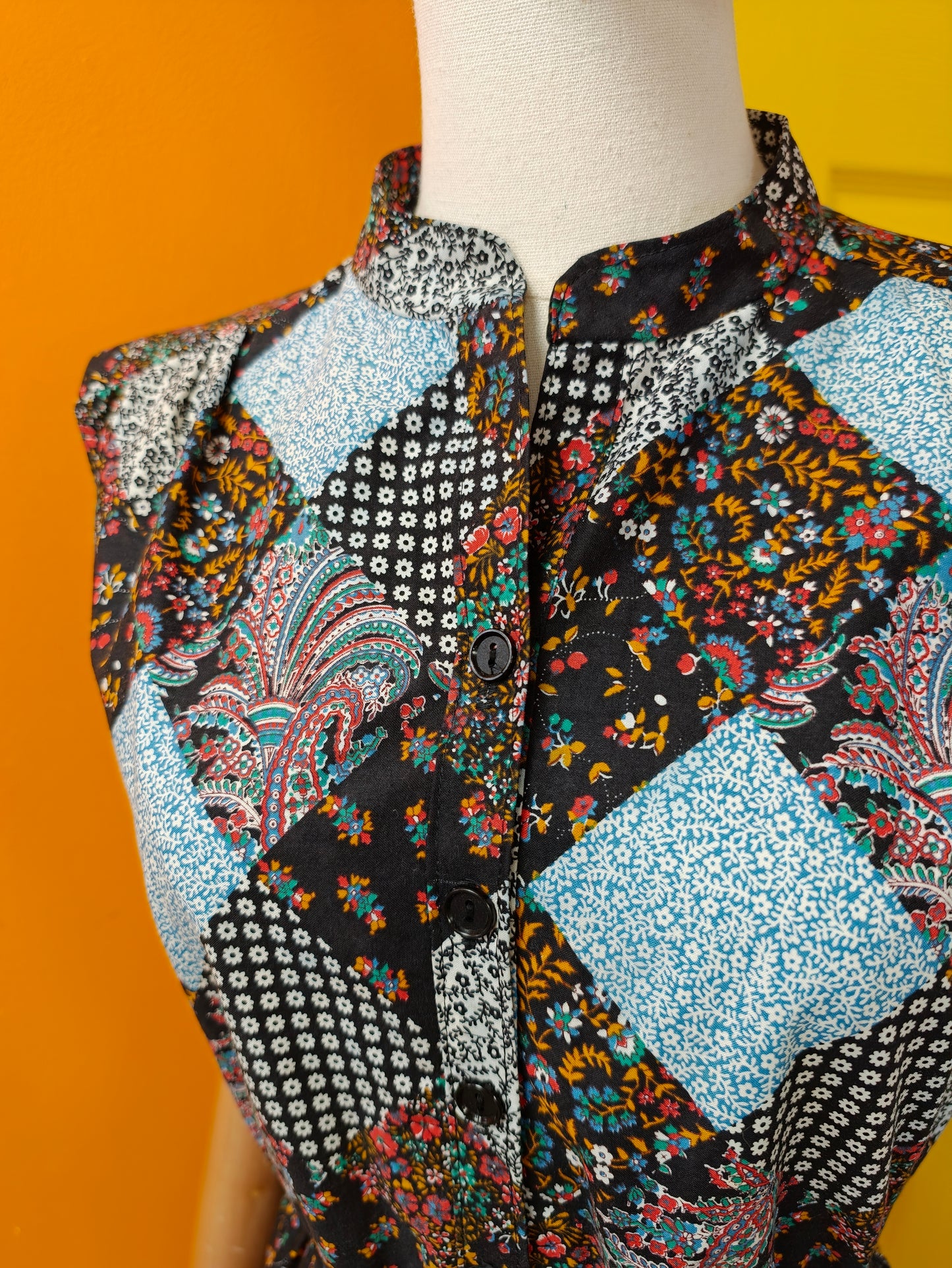 1970s patchwork print cotton dress - S/M
