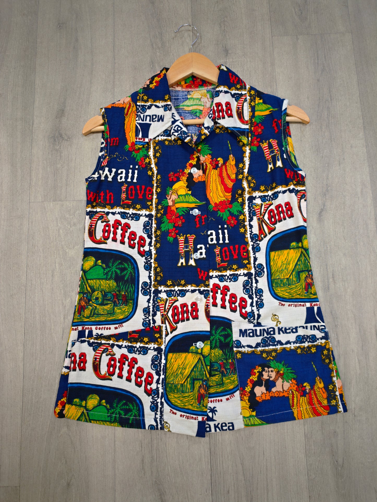 1970s Hawaiian 'Kona Coffee' novelty print top - S