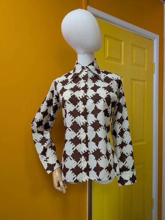 1970s novelty elephant print dagger collar shirt - M