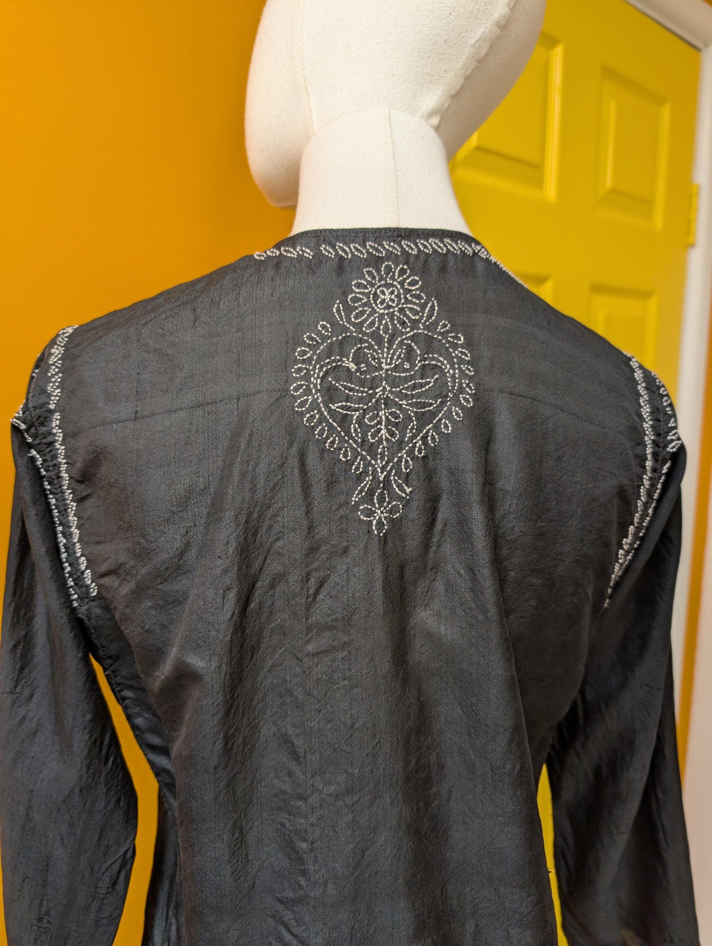 1970s Indian black silk embroidered top - XS/S