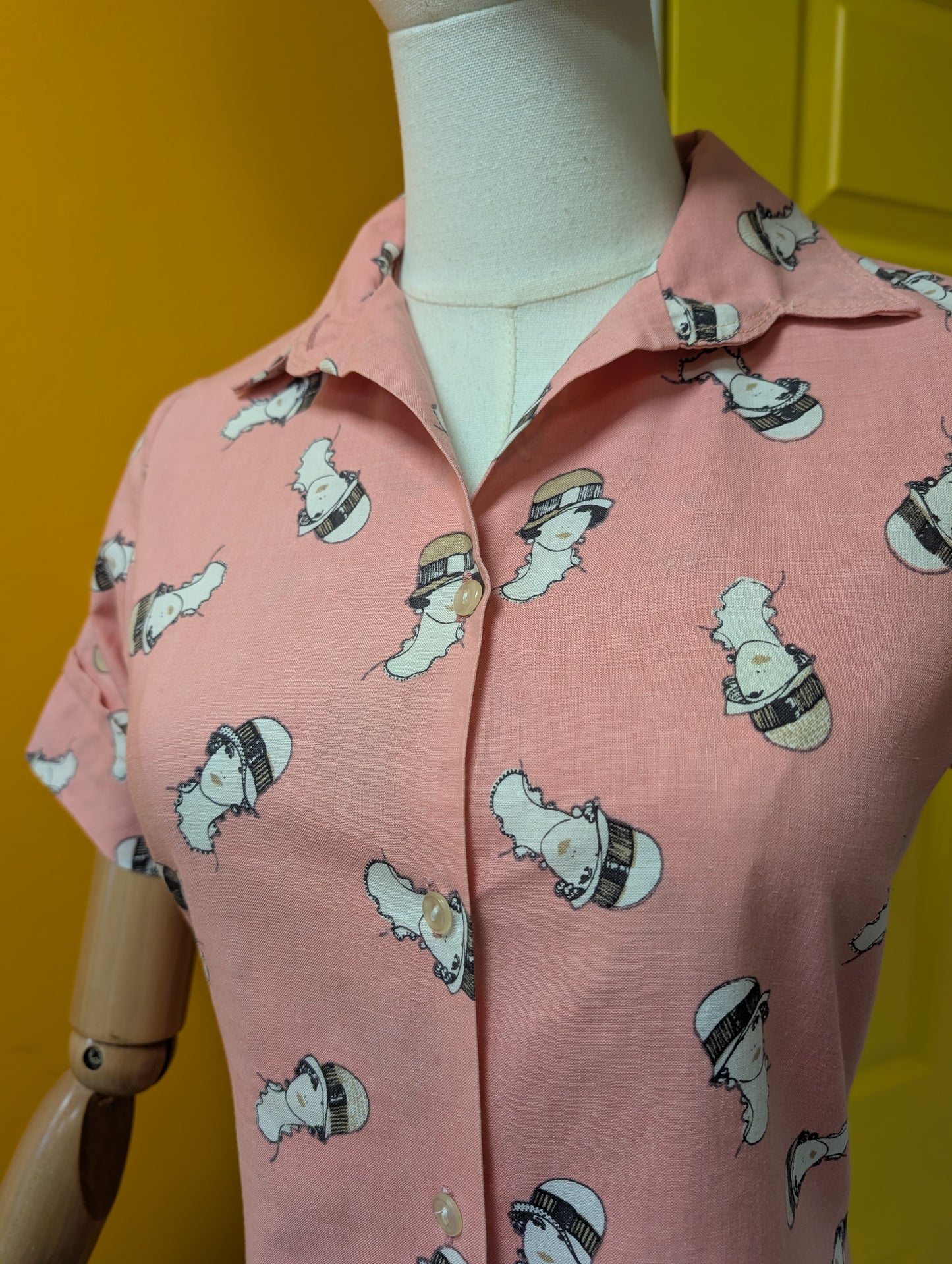 1970s Vinetta pink novelty print cotton shirt - XS