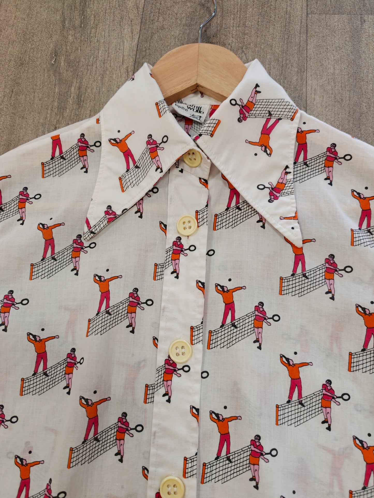 1970s novelty tennis print cotton dagger collar shirt - M