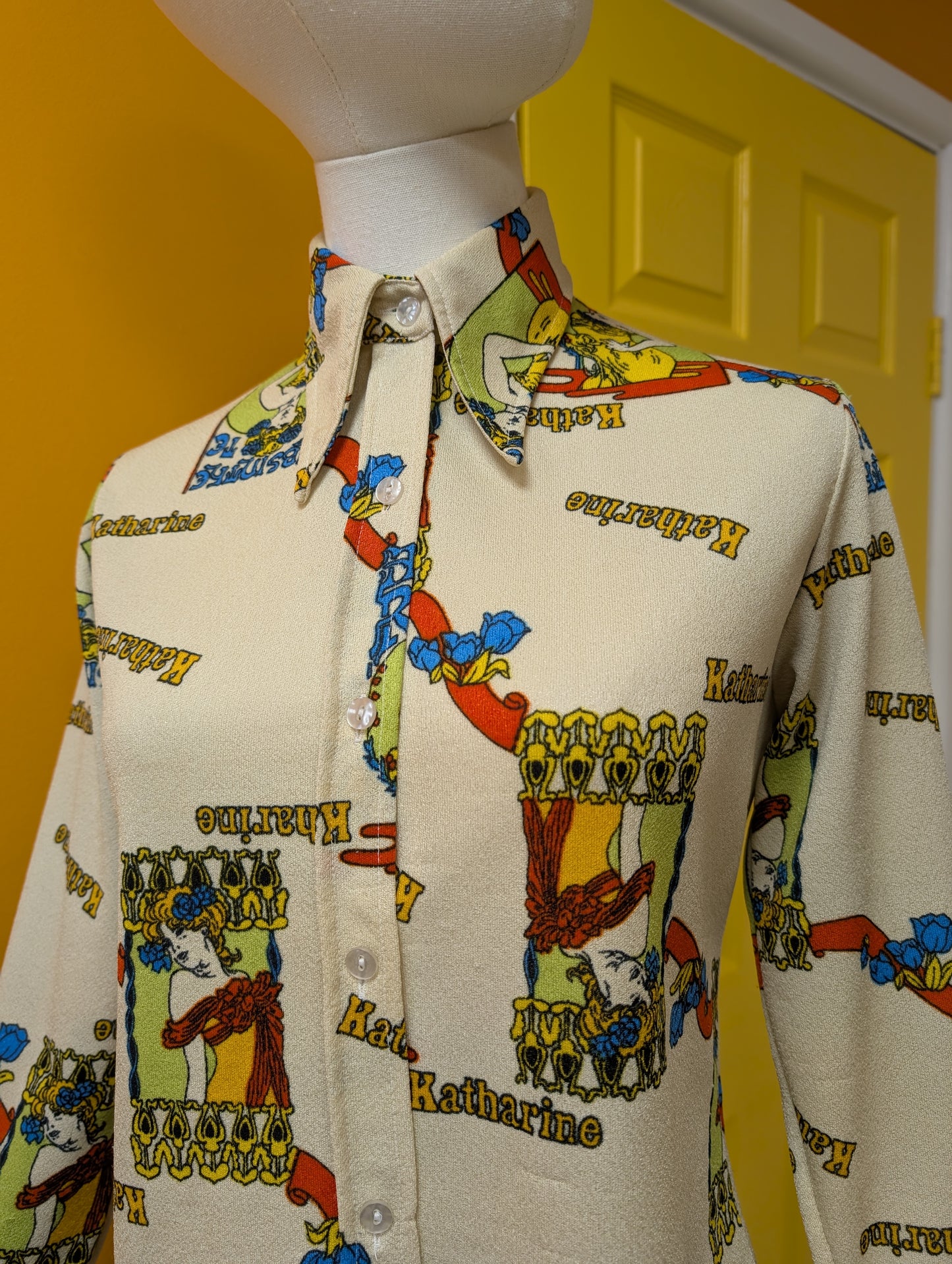 1970s novelty print Katharine dagger collar shirt - S