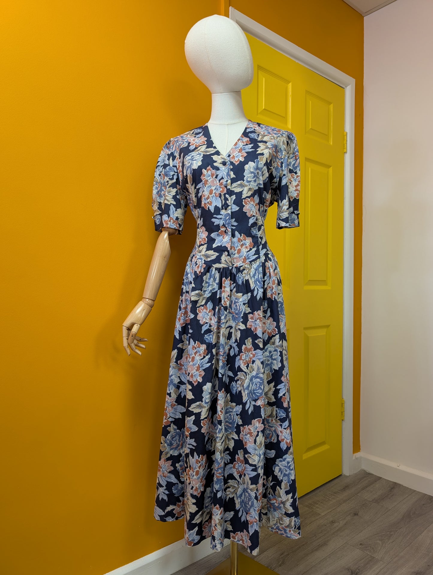1990s Laura Ashley navy blue floral cotton dress - M/14