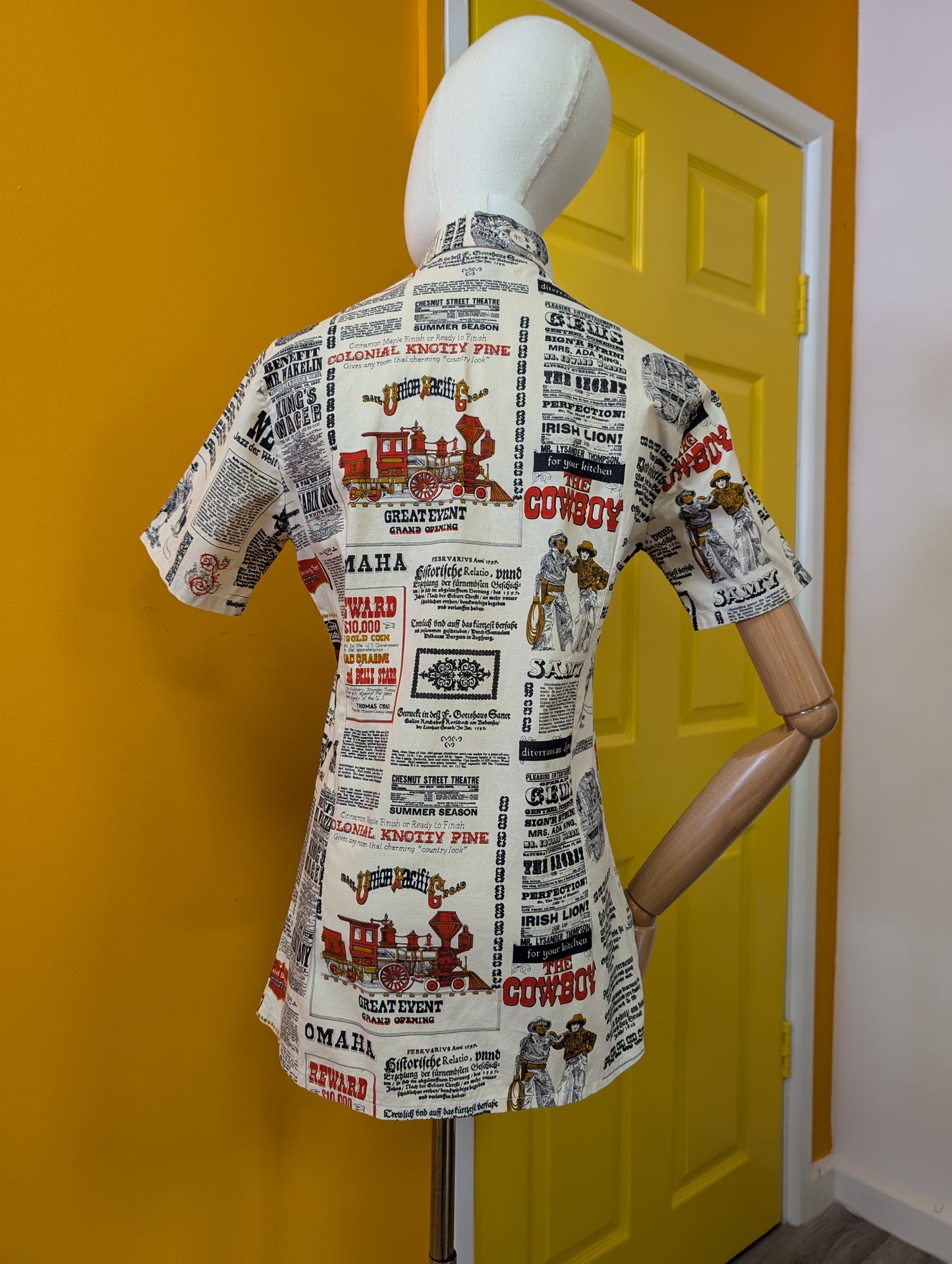 1970s St Michael novelty newspaper print dagger collar shirt