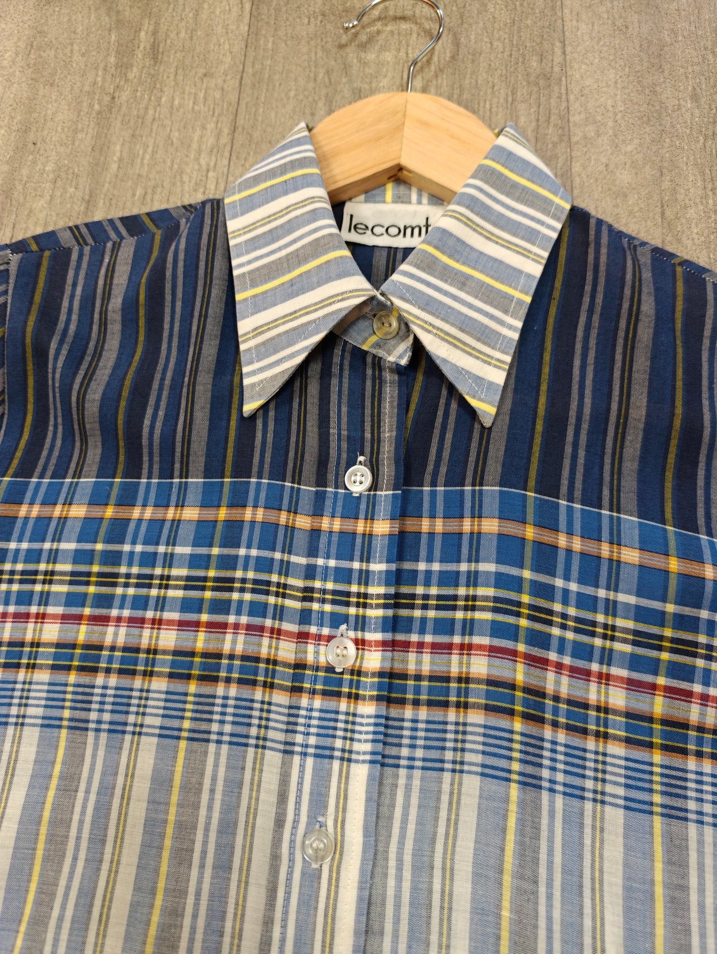 1970s Lecomte blue check dagger collar shirt - XS