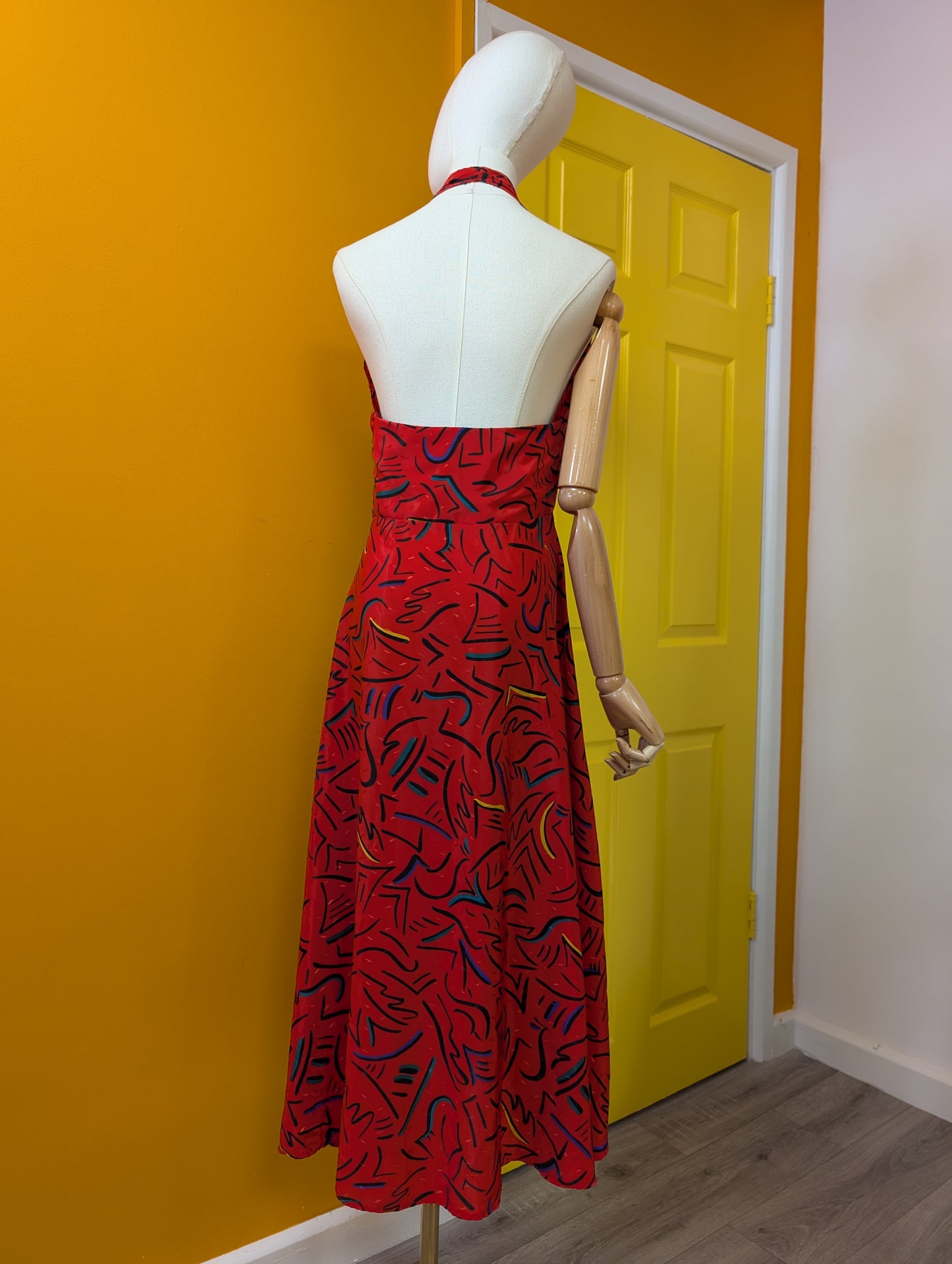 1980s red halter neck abstract print dress - S/10