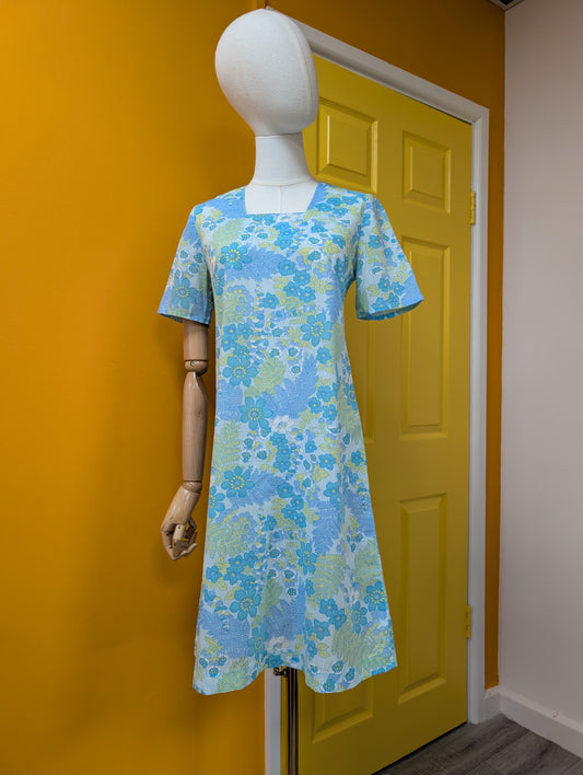 60s/70s green & blue floral dress - S/8/10