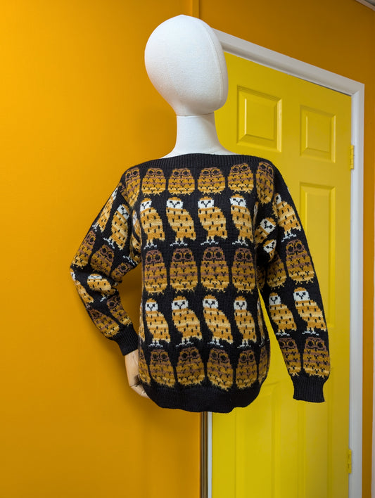 Black Sheep Designs novelty owl slash neck wool jumper - S