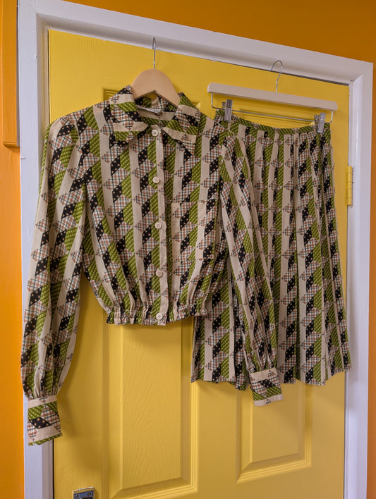 1970s Daniel Hechter Paris green top and skirt - XS/6/8