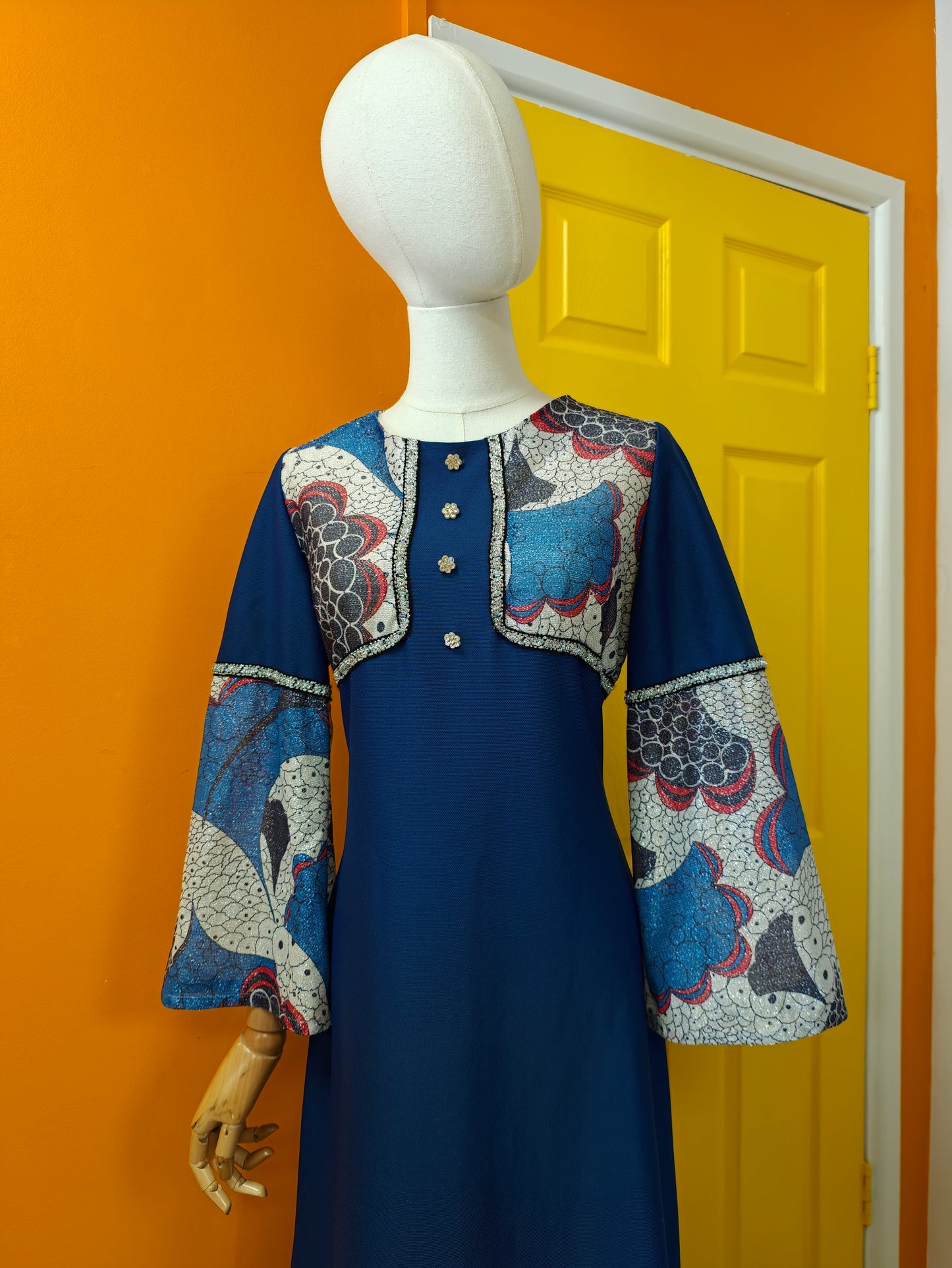 60s/70s blue & silver lurex maxi dress - M/12