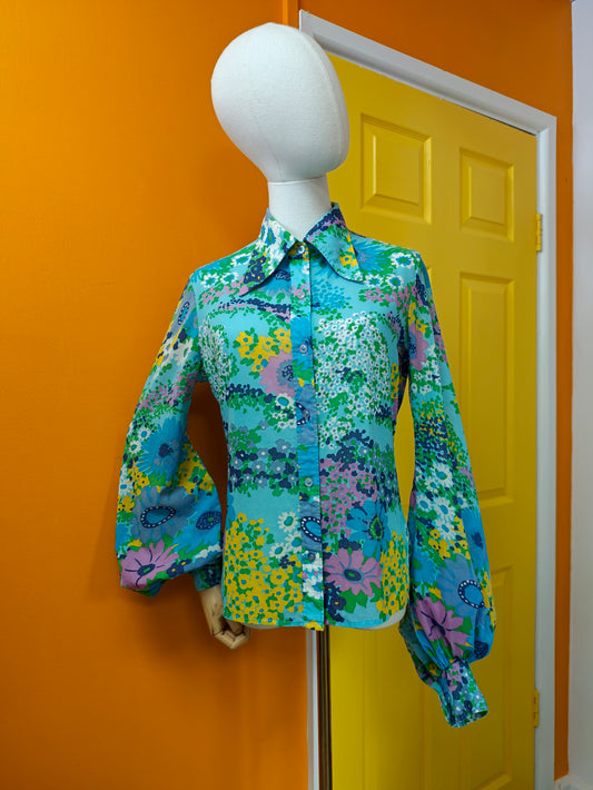 1970s St Michael floral cotton balloon sleeve shirt - M
