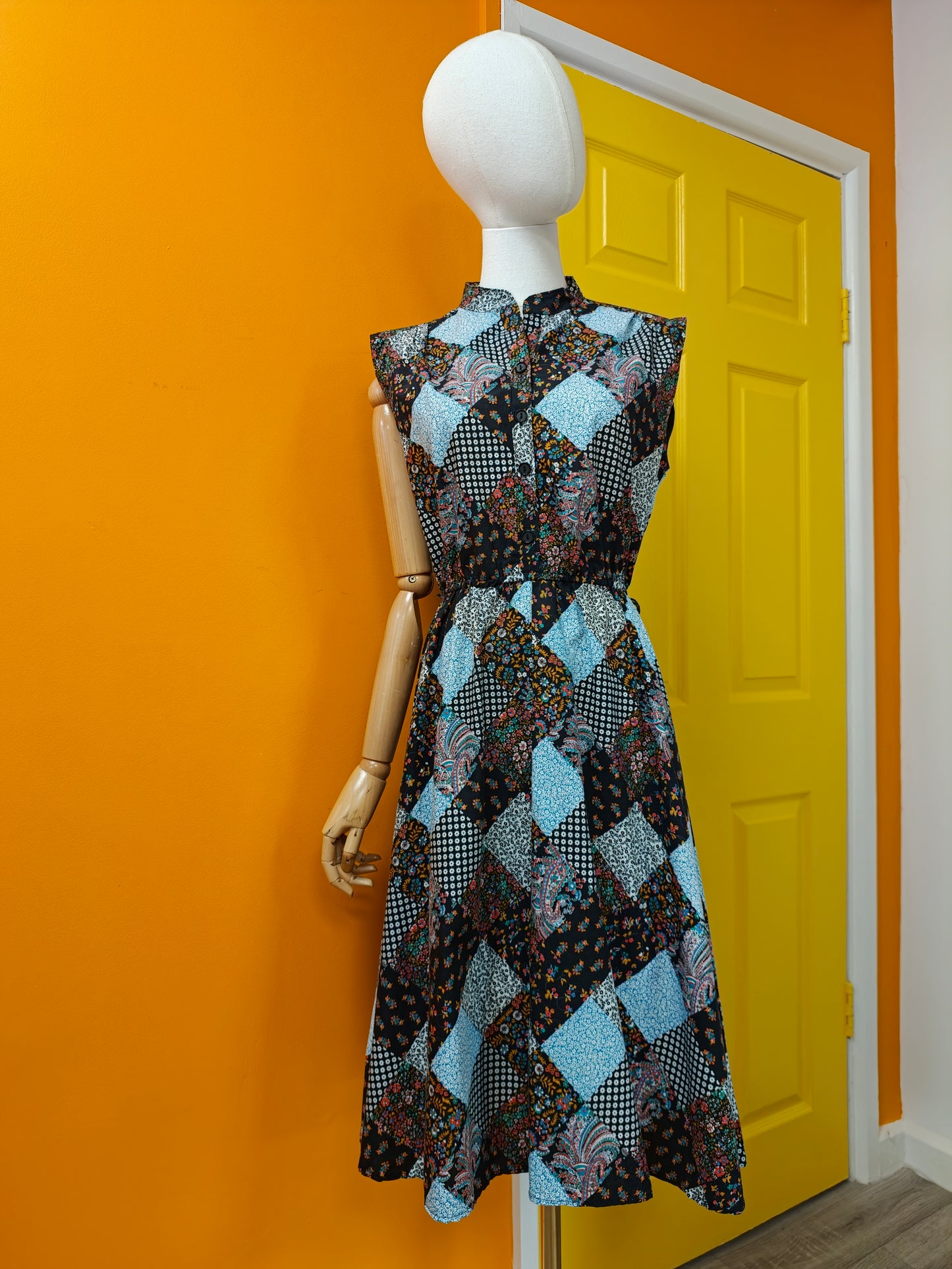 1970s patchwork print cotton dress - S/M