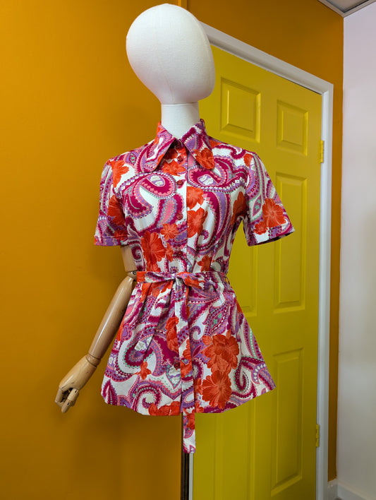 1970s St Michael psychedelic cotton shirt with belt - S/M