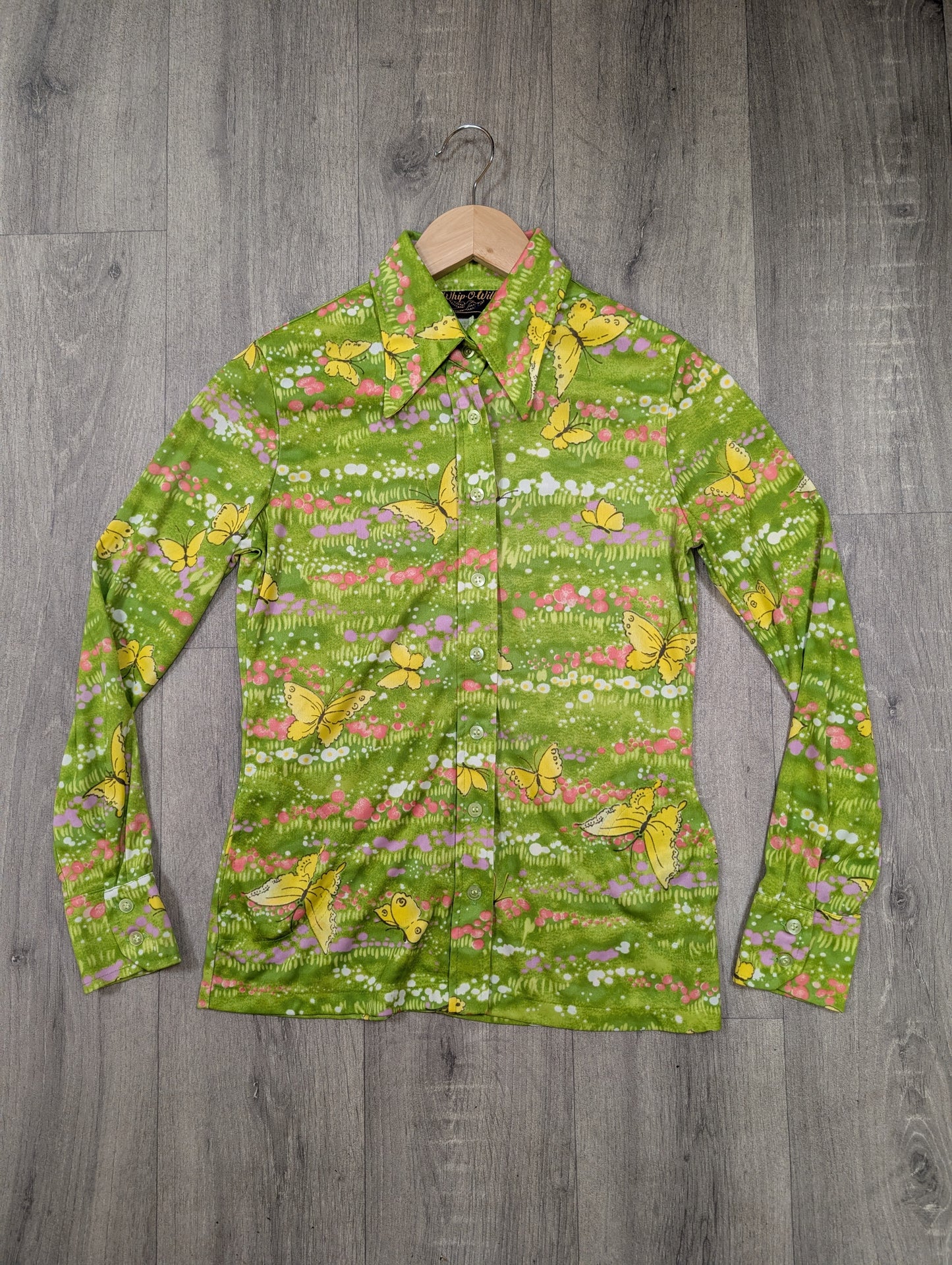 1970s Whip-O-Will green novelty butterfly print shirt - XS/S