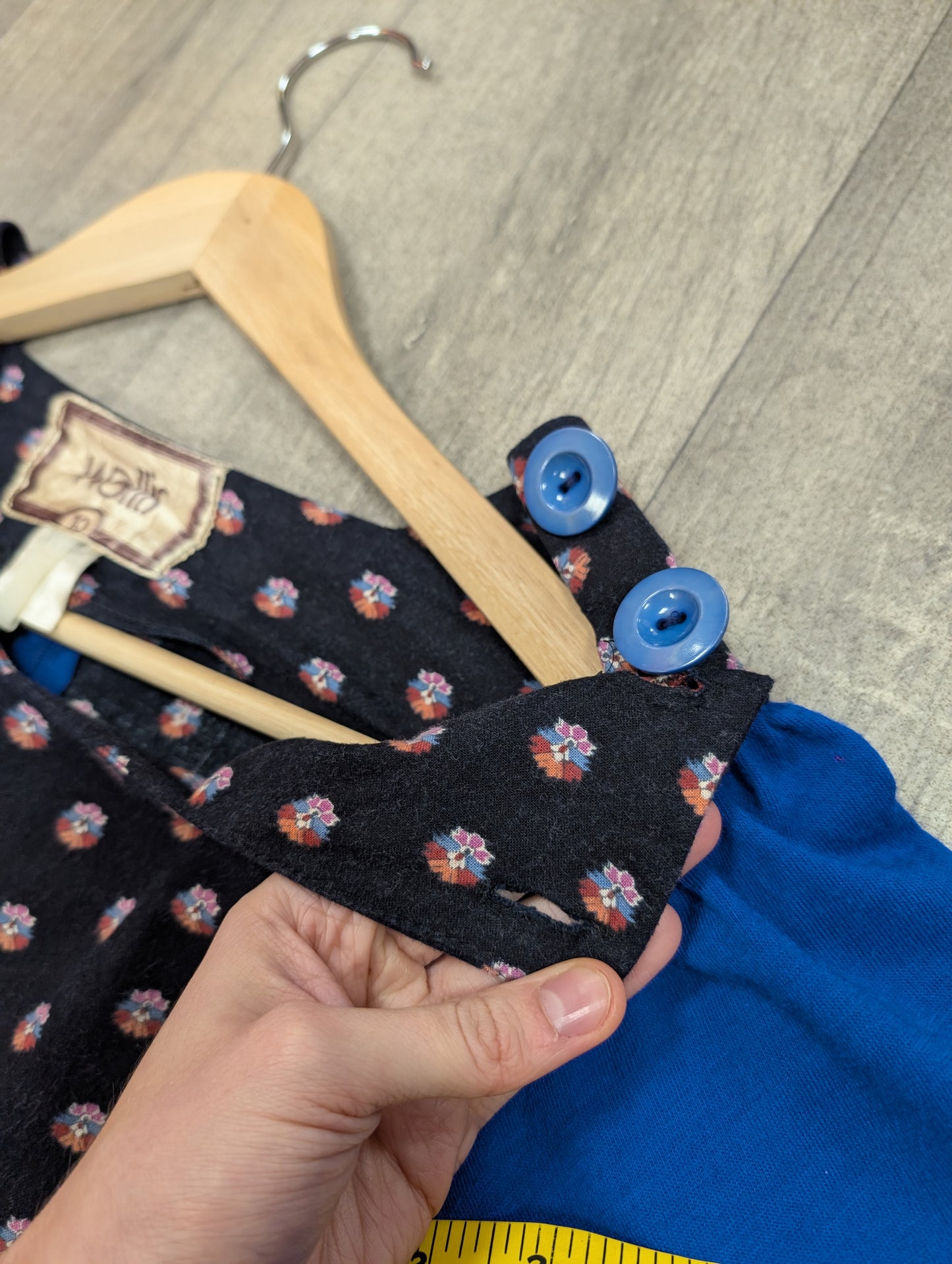 1970s Wallis blue dress with black floral trim - XS/S/6/8