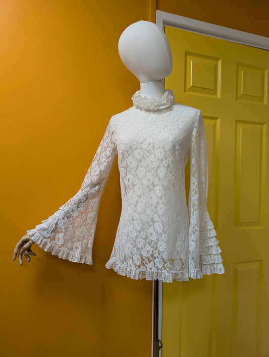 60s/70s Dorothy Perkins white nylon lace tunic - XS/S