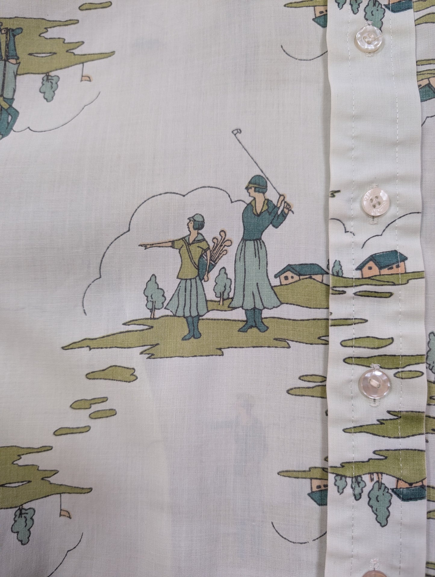 1970s Brutus novelty Art Deco golf print dagger collar shirt