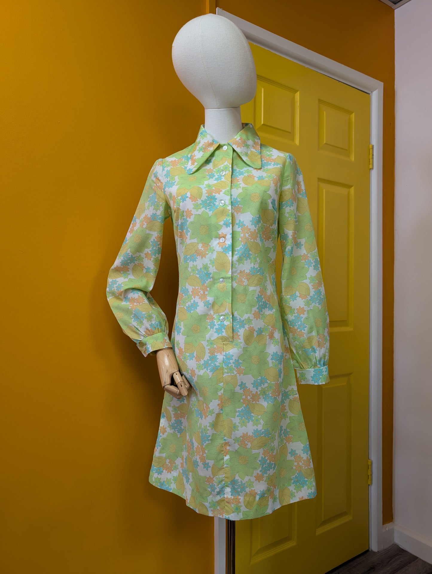 60s/70s Devonshire Lady green floral dress - S/8/10