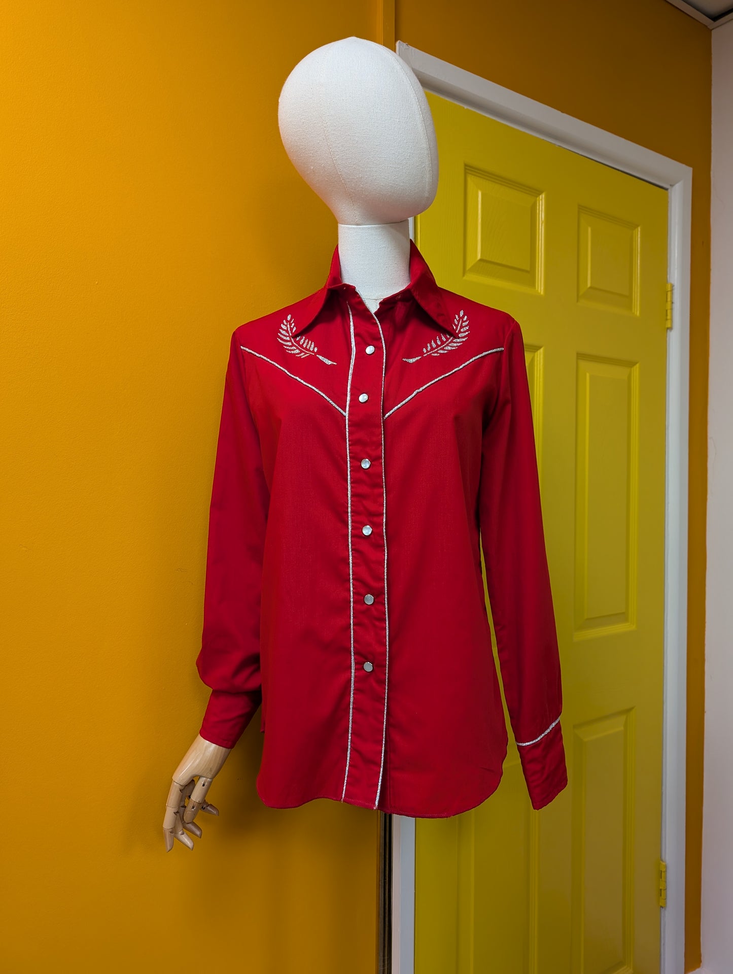 1970s red & silver western shirt - S/M
