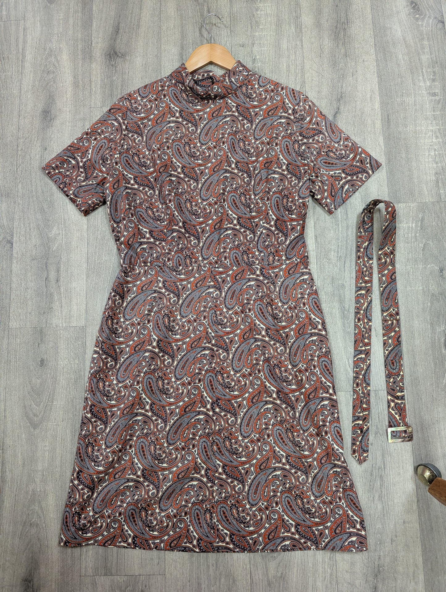 1960s brown paisley dress & belt - M/14