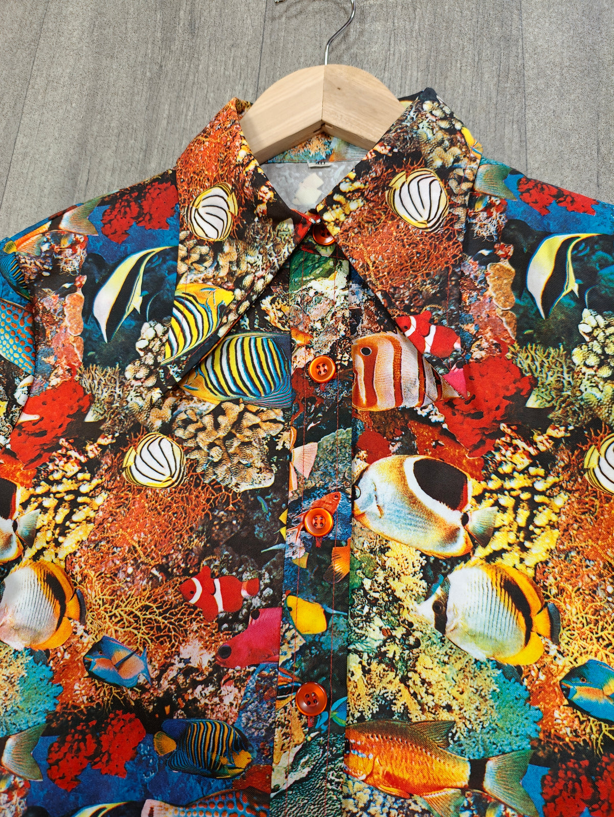 1970s novelty fish print dagger collar shirt - M