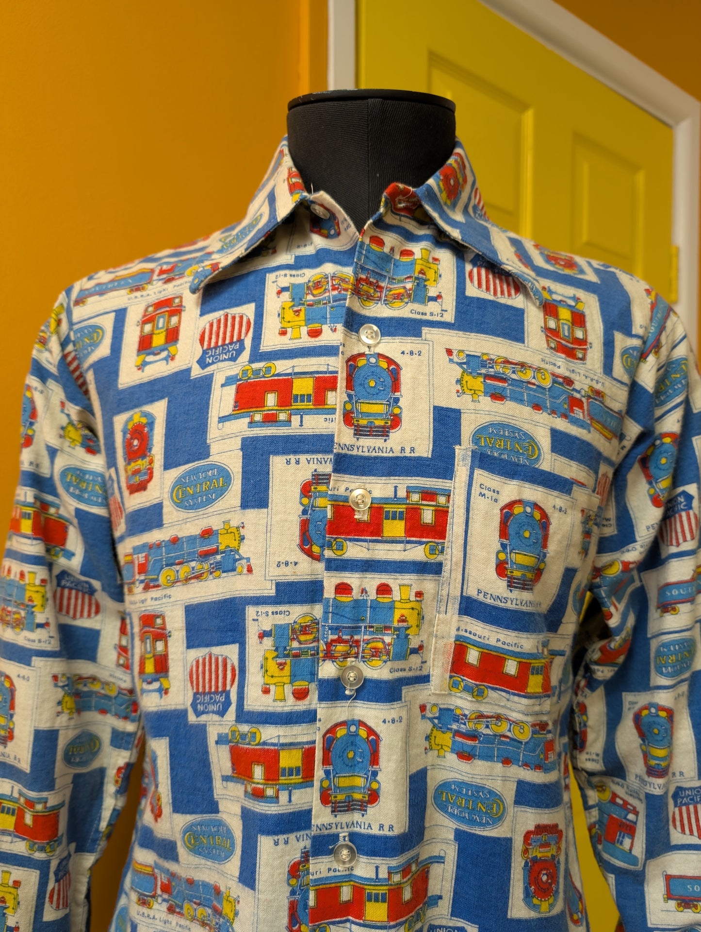 1960s Prest-Rite novelty train print cotton flannel shirt