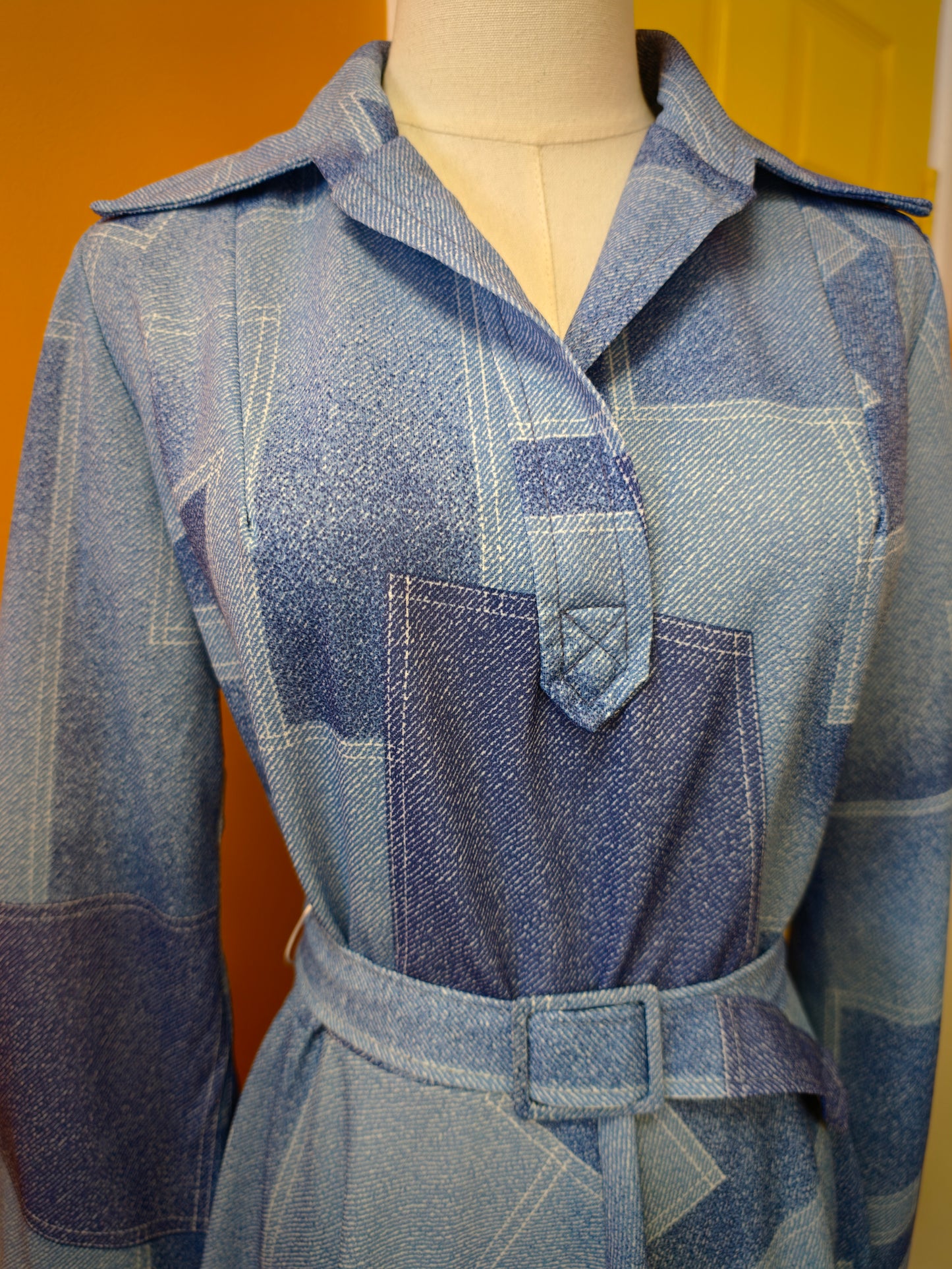 1970s blue patchwork print dress & belt - M/12