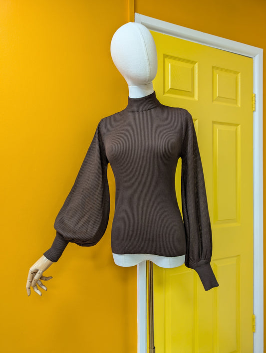 1970s Jersey Masters brown balloon sleeve top - up to M