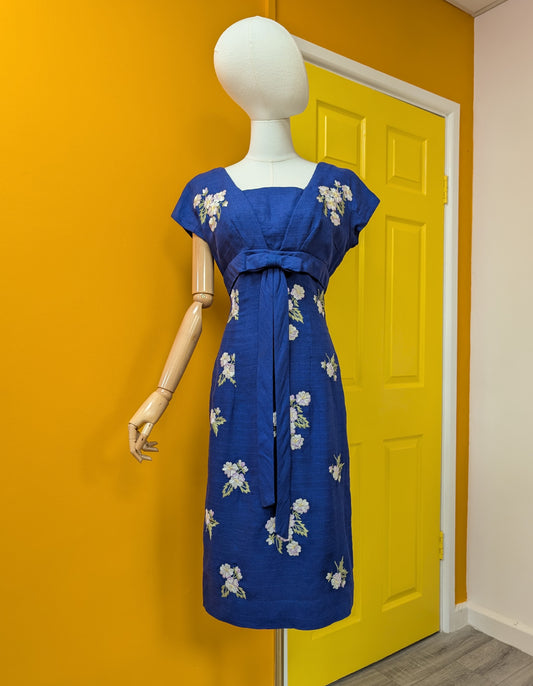 50s/60s Zenith blue embroidered floral dress - S/8/10