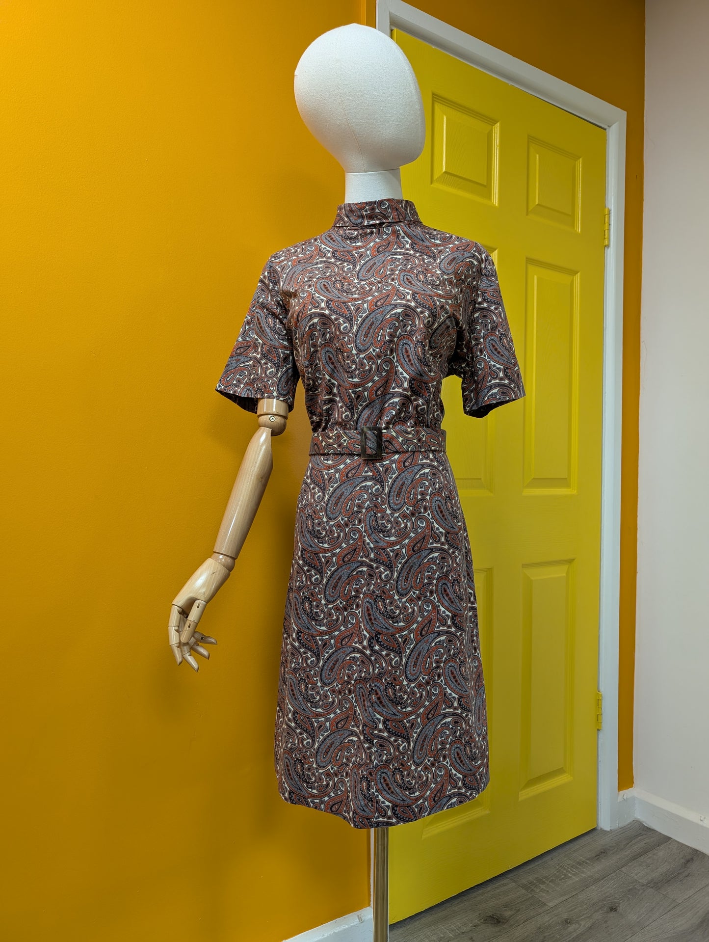 1960s brown paisley dress & belt - M/14