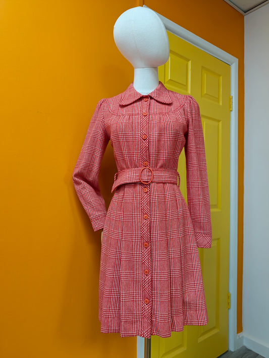 Early 1970s Betty Barclay red check wool blend dress - S/8
