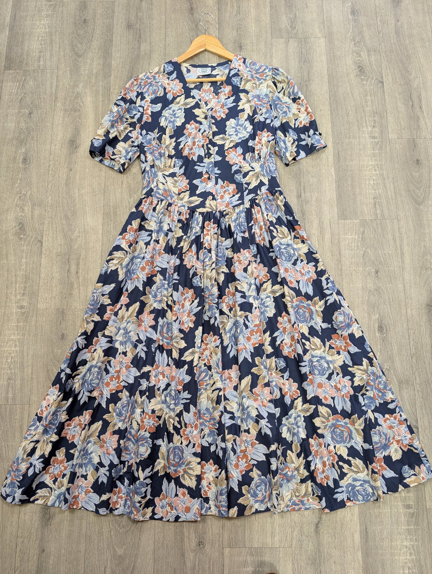 1990s Laura Ashley navy blue floral cotton dress - M/14