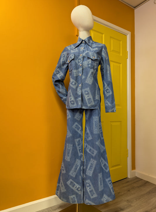 1970s Dereta novelty dollar bill print flares and shirt trouser suit - S