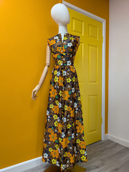 60s/70s Global orange floral maxi dress - XS/6