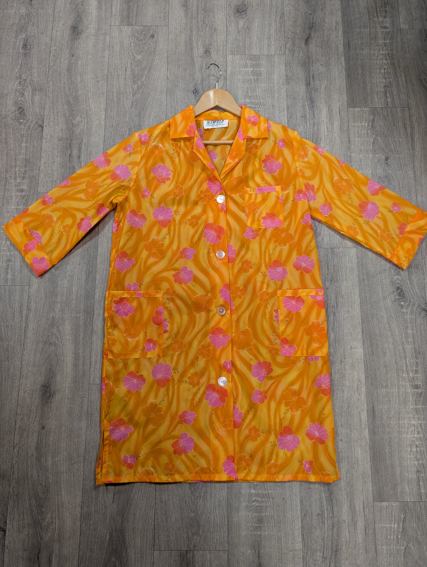 1960s Enfield floral orange & pink nylon house coat - M