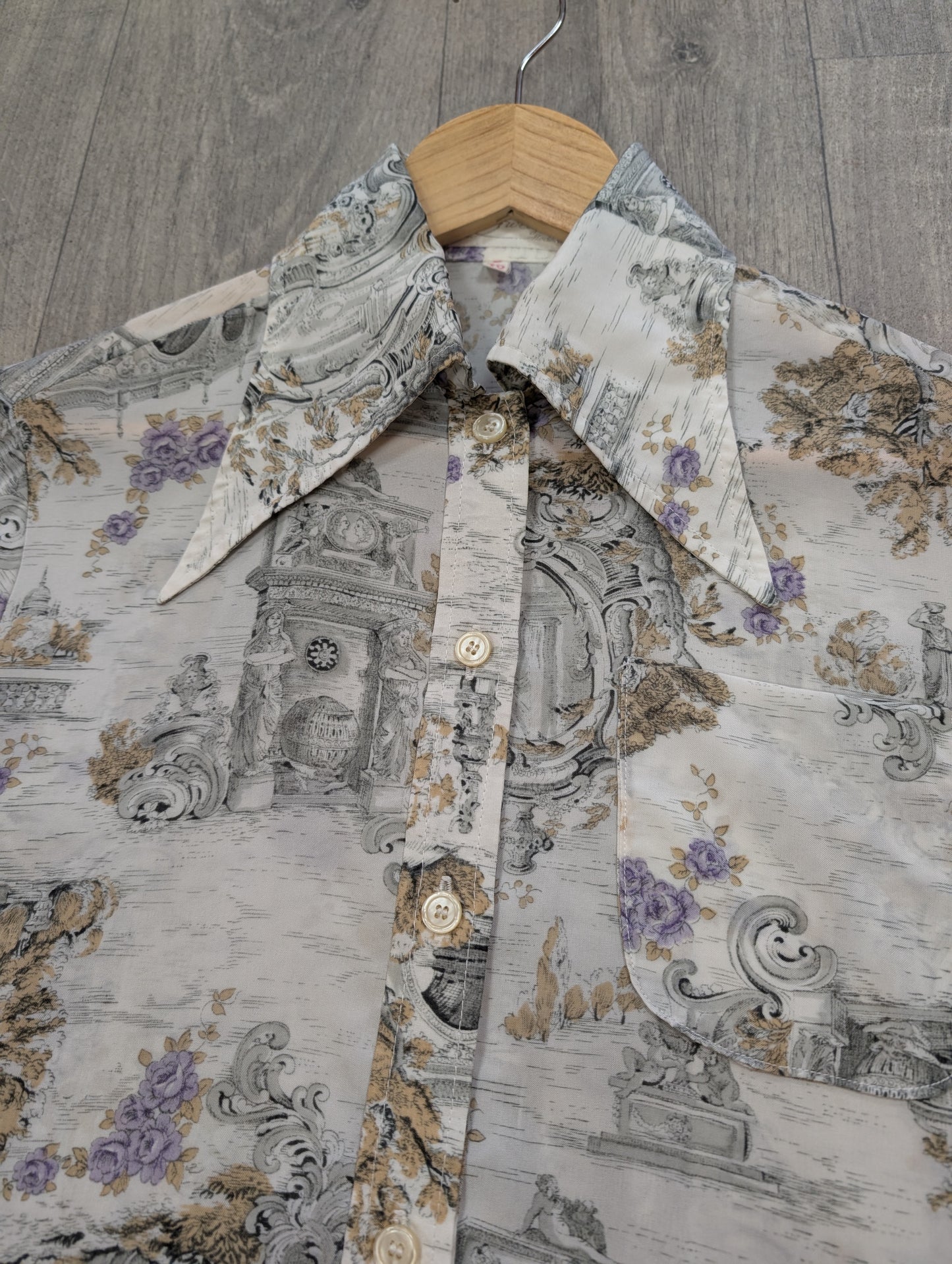 1970s novelty print dagger collar shirt - M