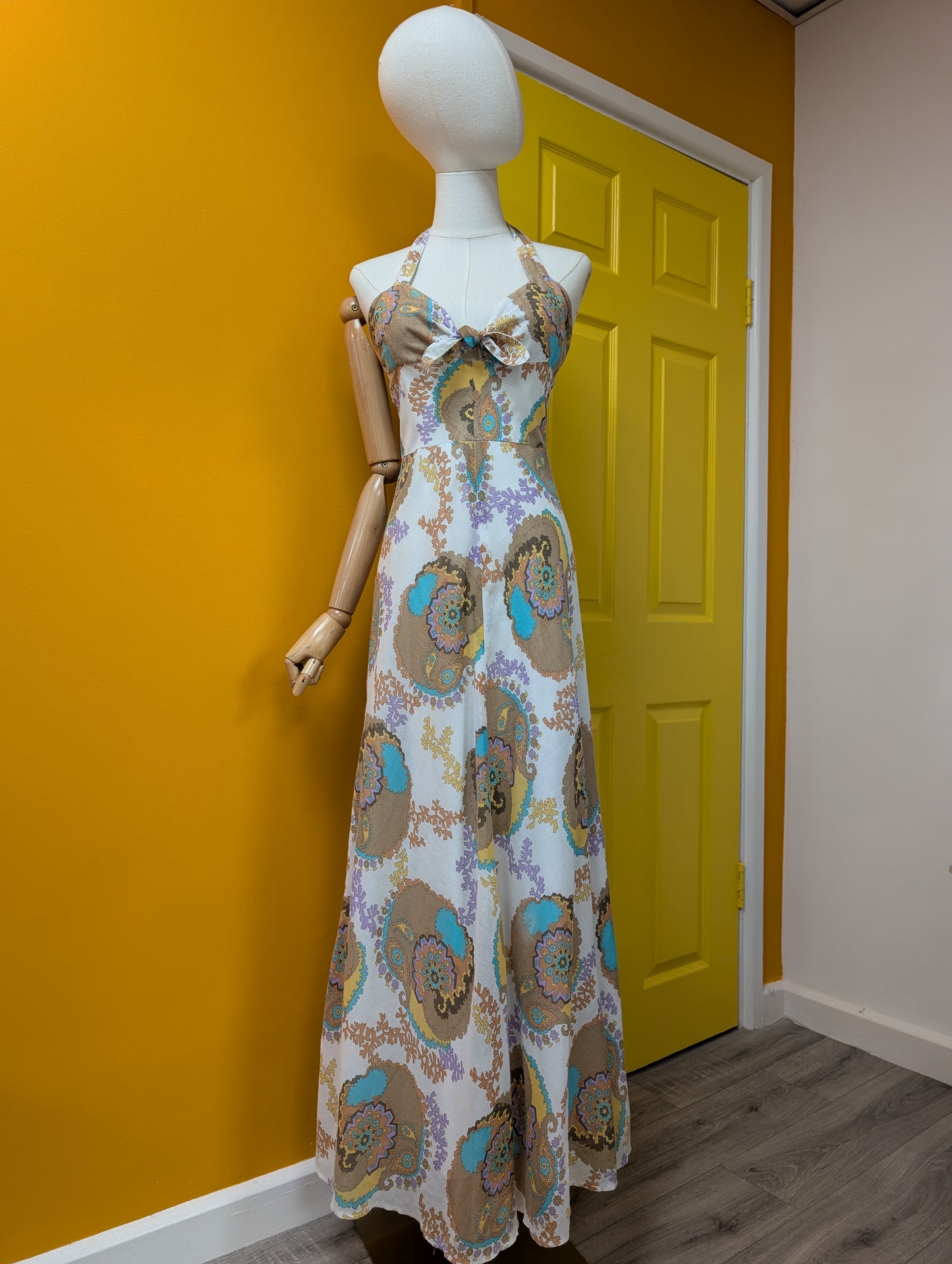 1970s psychedelic halter neck maxi dress - S/8