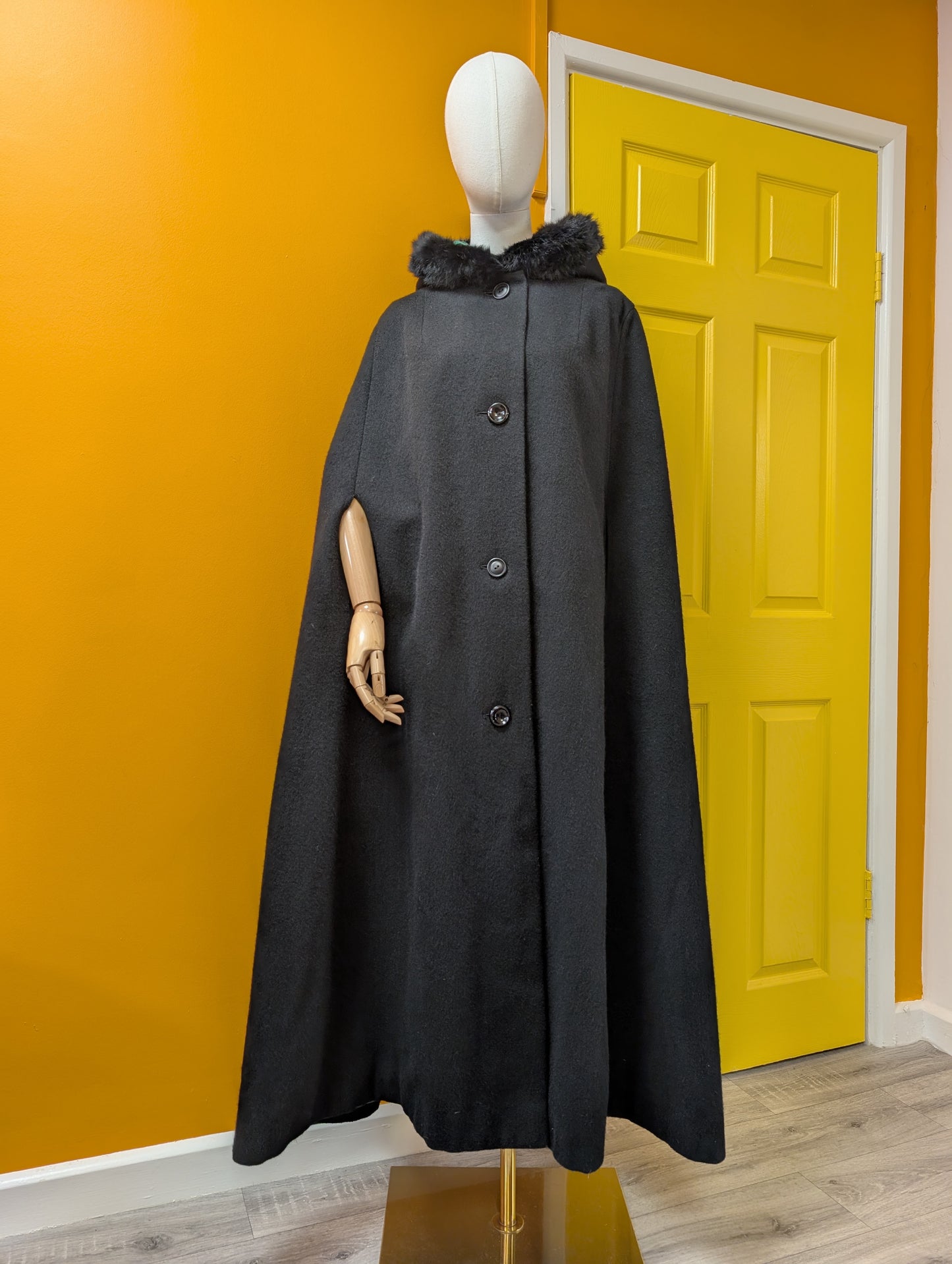 1960s Raymond of London black wool cape with fur trim