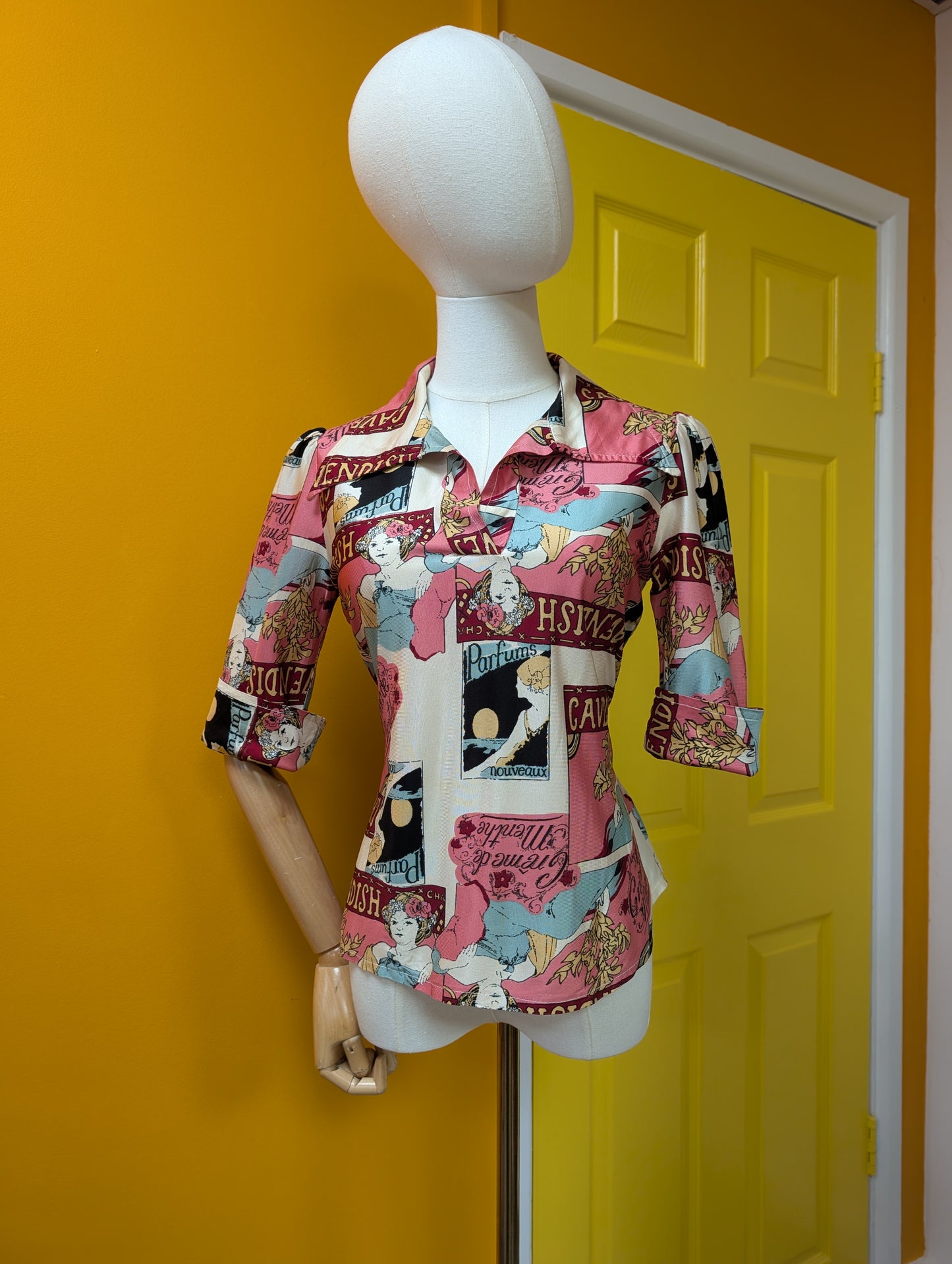 1970s Dorothy Perkins novelty Art Nouveau print tie waist top - XS/S