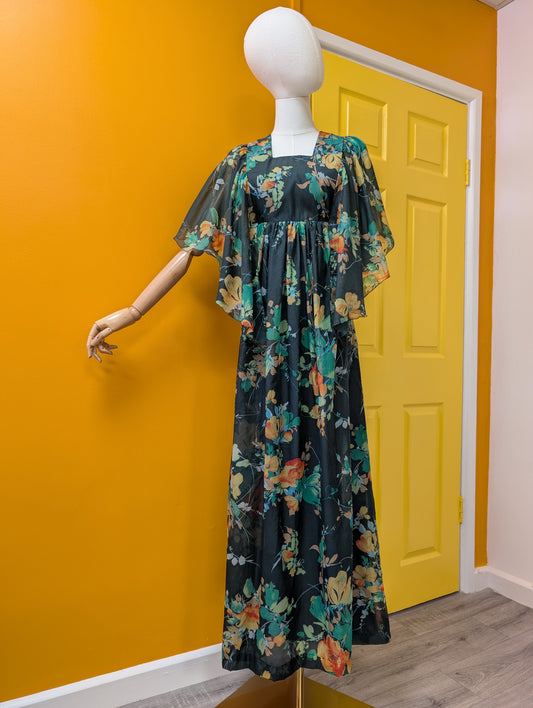1970s green floral maxi dress - S/8/10