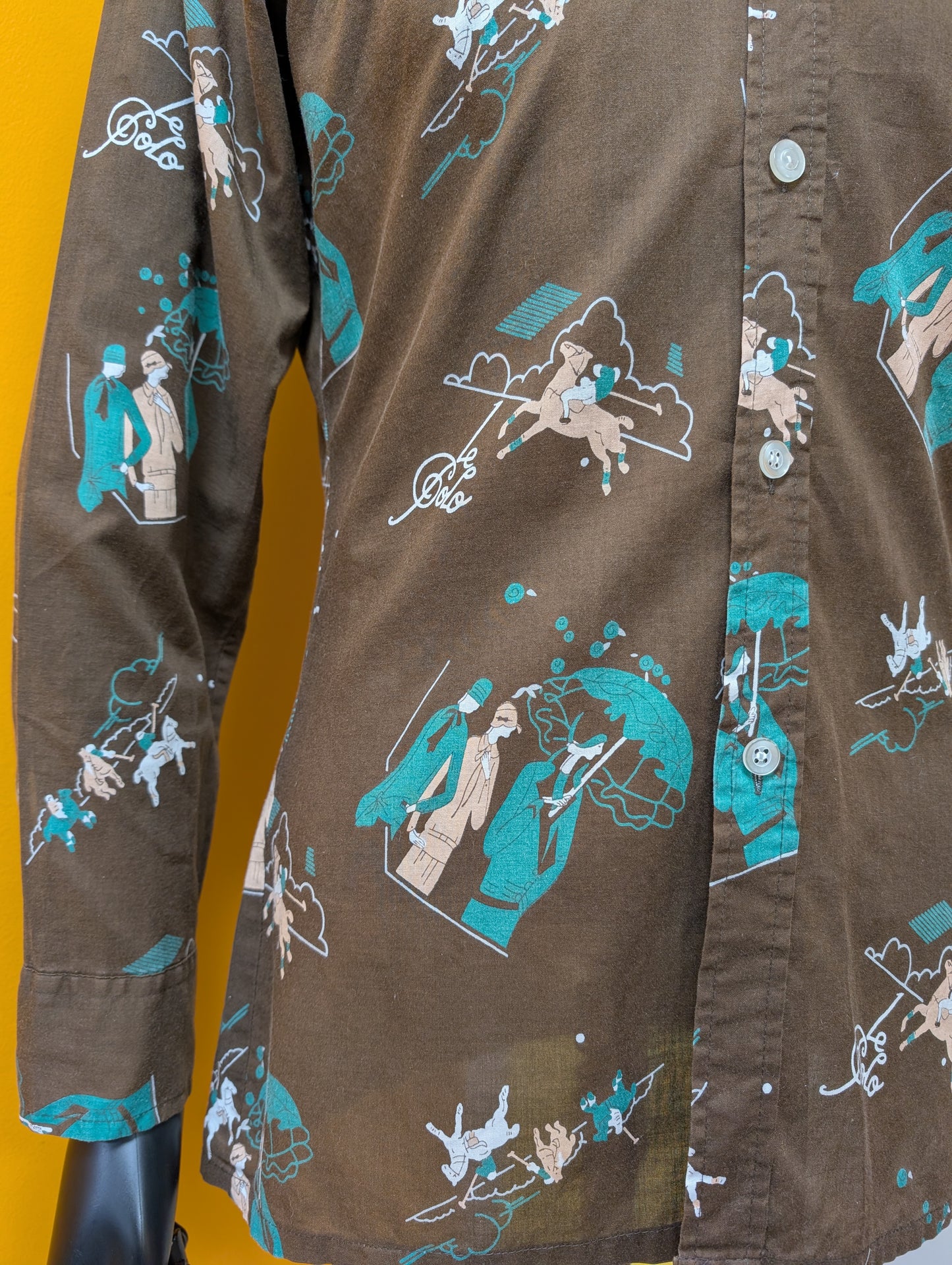 1970s Jonathan cotton Art Deco polo novelty print shirt